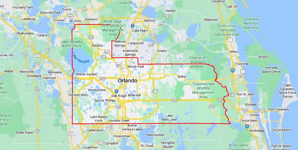 A picture of Orange County, Central Florida, with Orlando City in the center